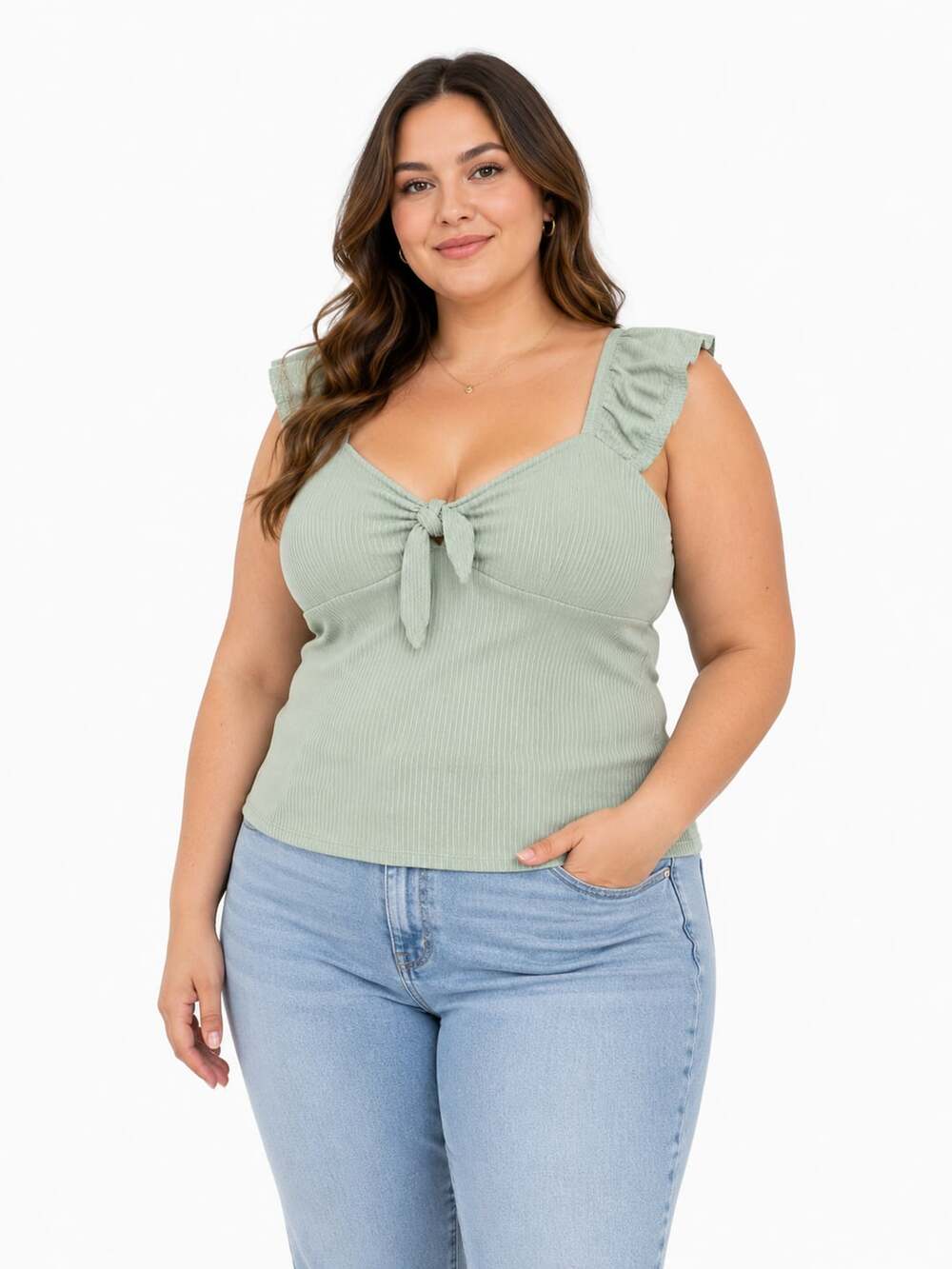 Derek Heart Green Ribbed Front Tie Ruffle Strap Tank Top XL